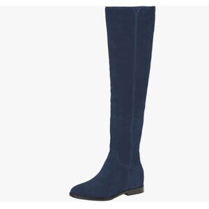 Blue Women Almond Toe Knee High Boots with Partial Zipper Stretchy Long Boot